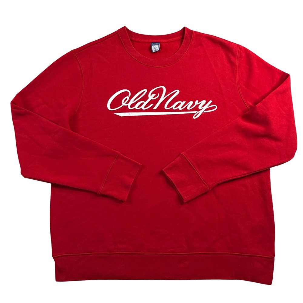 Old Navy Reissue Mens XL Red Script Logo Crewneck Sweatshirt Pullover Fleece